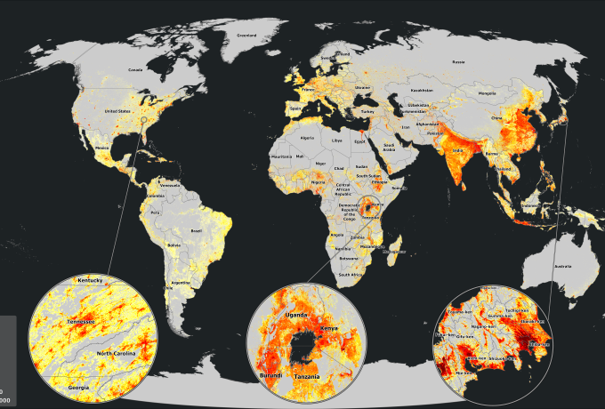 Global map showing color-coded population ranges, including several detailed insets.