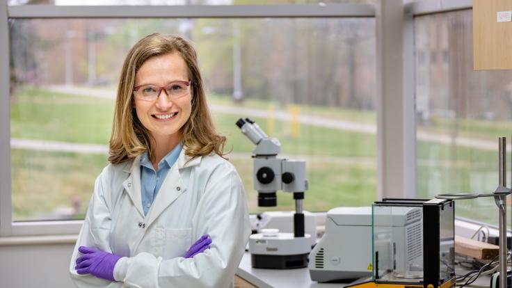 Amber McBride is using her expertise in nanotechnology, drug delivery, and disease models to research fundamental challenges in human health in the ORNL Biosciences Division. Photographed by Carlos Jones, ORNL.