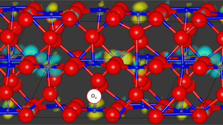 Using quantum Monte Carlo methods, the researchers simulated bulk VO2. Yellow and turquoise represent changes in electron density between the excited and ground states of a compound composed of oxygen, in red, and vanadium, in blue, which allowed them to evaluate how an oxygen vacancy, in white, can alter the compound’s properties. Credit: Panchapakesan Ganesh/ORNL, U.S. Dept. of Energy