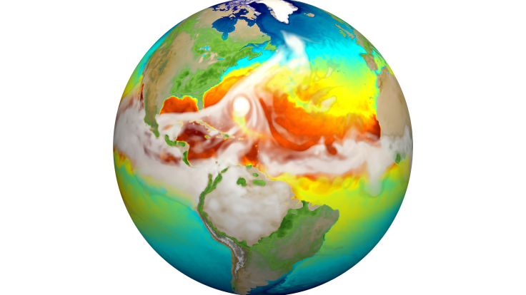A simulation of the planet from the DOE Energy Exascale Earth System Model, one of the large-scale models incorporated in the Earth System Grid Federation led by DOE’s Oak Ridge, Argonne and Lawrence Livermore national laboratories. Credit: LLNL, U.S. Dept. of Energy