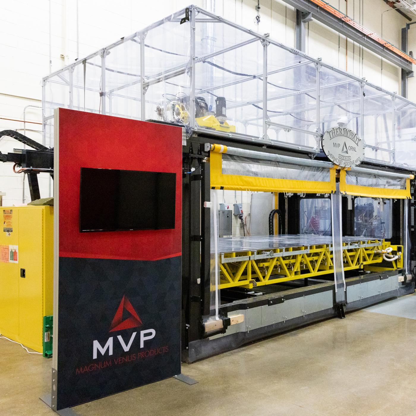 The Reactive Additive Manufacturing, or RAM, machine for large-scale thermoset printing supports two technologies licensed by MVP and developed in collaboration with ORNL. Credit: Carlos Jones/ORNL, U.S. Dept. of Energy.
