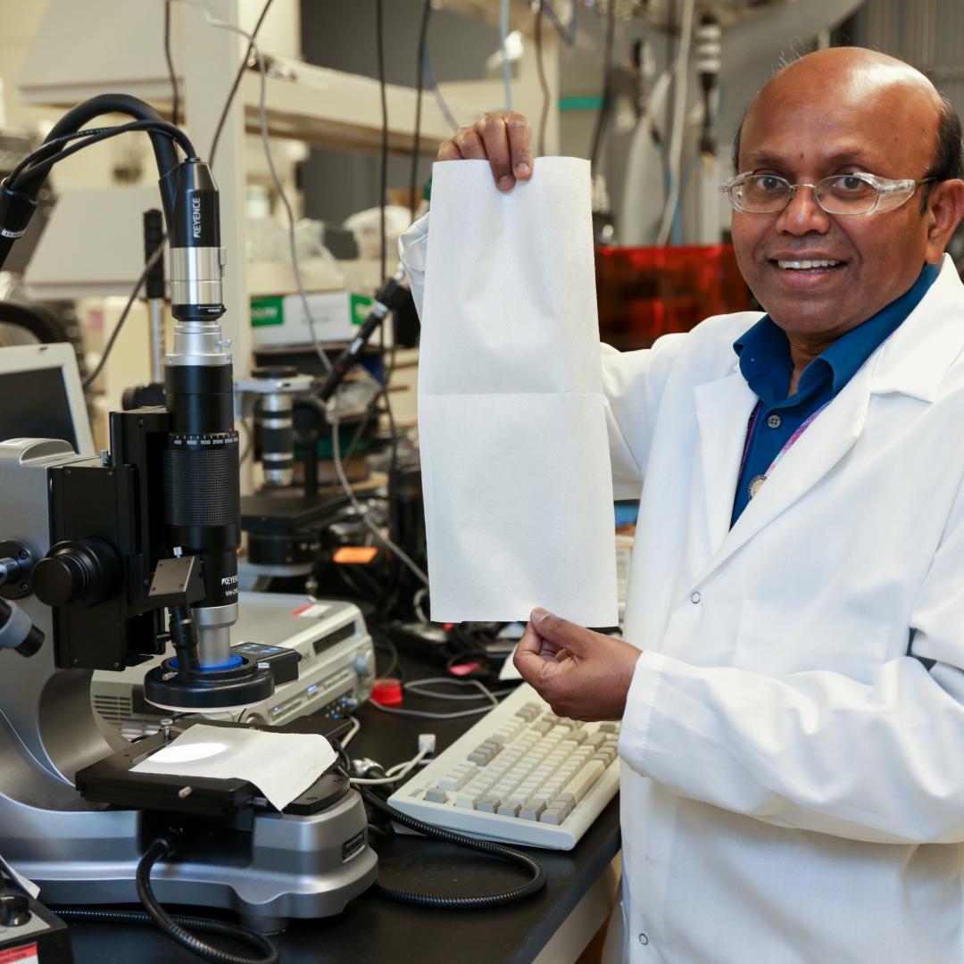 Parans Paranthaman, a researcher in the Chemical Sciences Division at ORNL, coordinated research efforts to study the filter efficiency of the N95 material. His published results represent one of the first studies on polypropylene as it relates to COVID-19. Credit: ORNL/U.S. Dept. of Energy