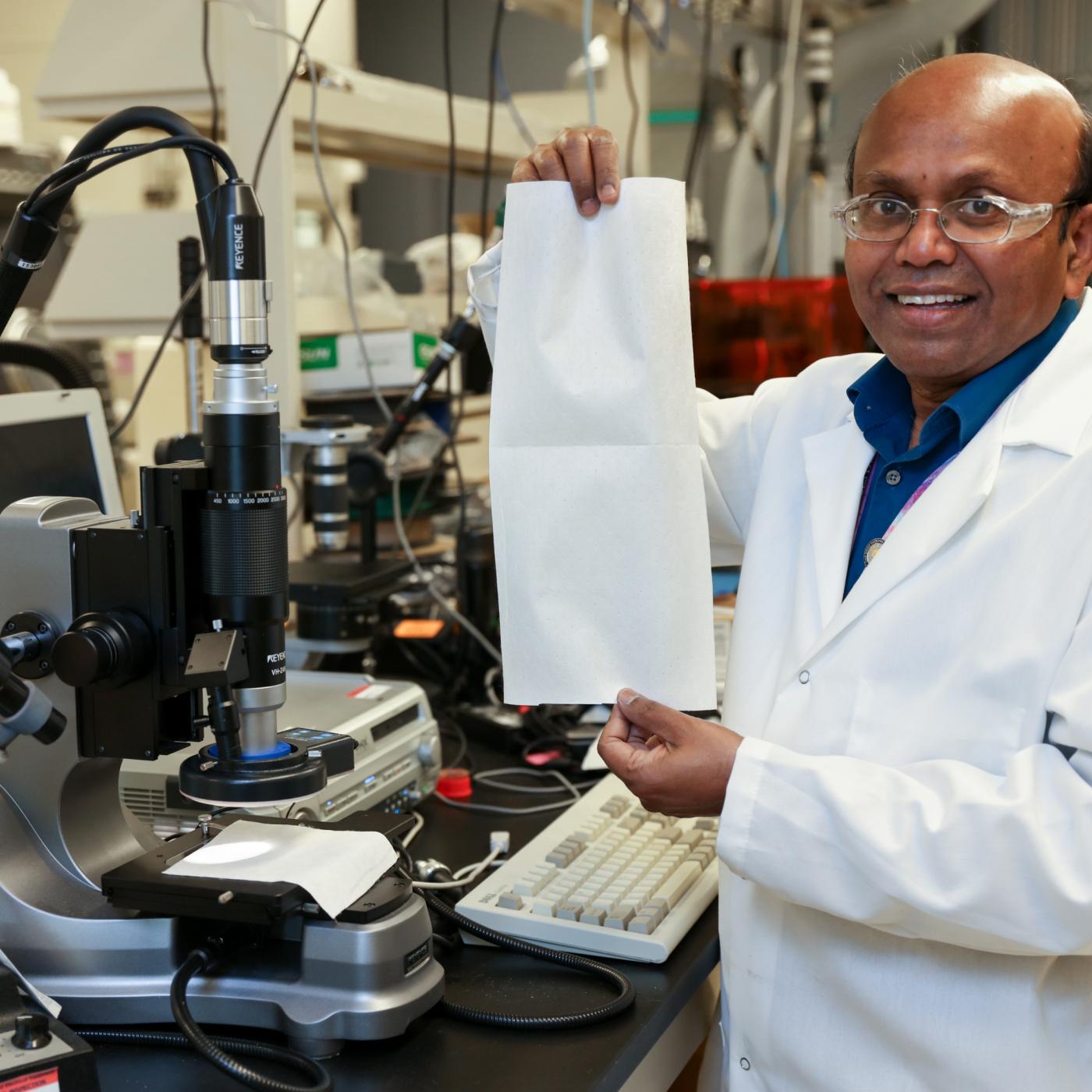 Parans Paranthaman, a researcher in the Chemical Sciences Division at ORNL, coordinated research efforts to study the filter efficiency of the N95 material. His published results represent one of the first studies on polypropylene as it relates to COVID-19. Credit: ORNL/U.S. Dept. of Energy
