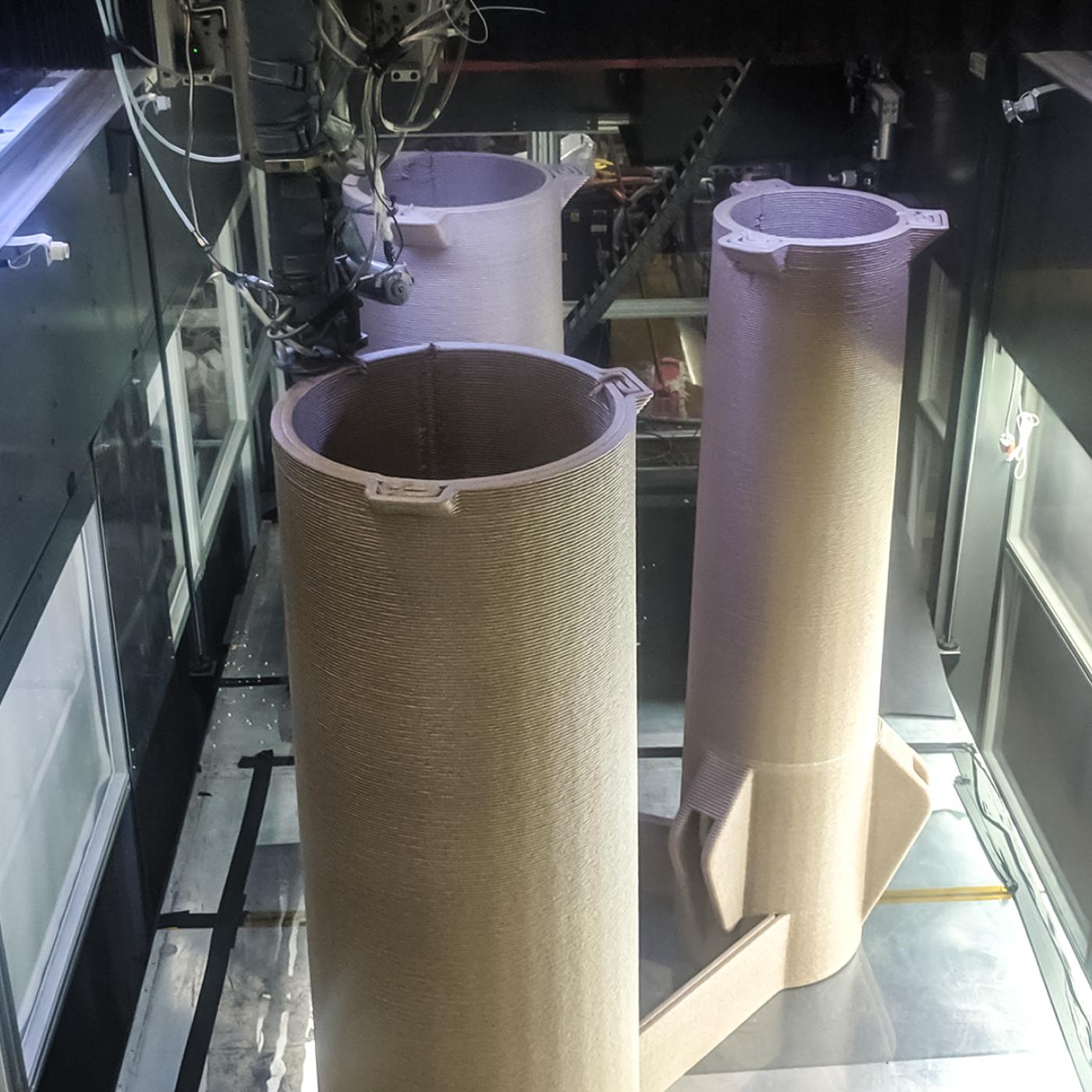 ORNL researchers demonstrated a 3D printed power pole made of bioderived and recycled materials could be easily manufactured, transported and assembled, enabling the quick restoration of power after natural disasters. Credit: ORNL, U.S. Dept. of Energy