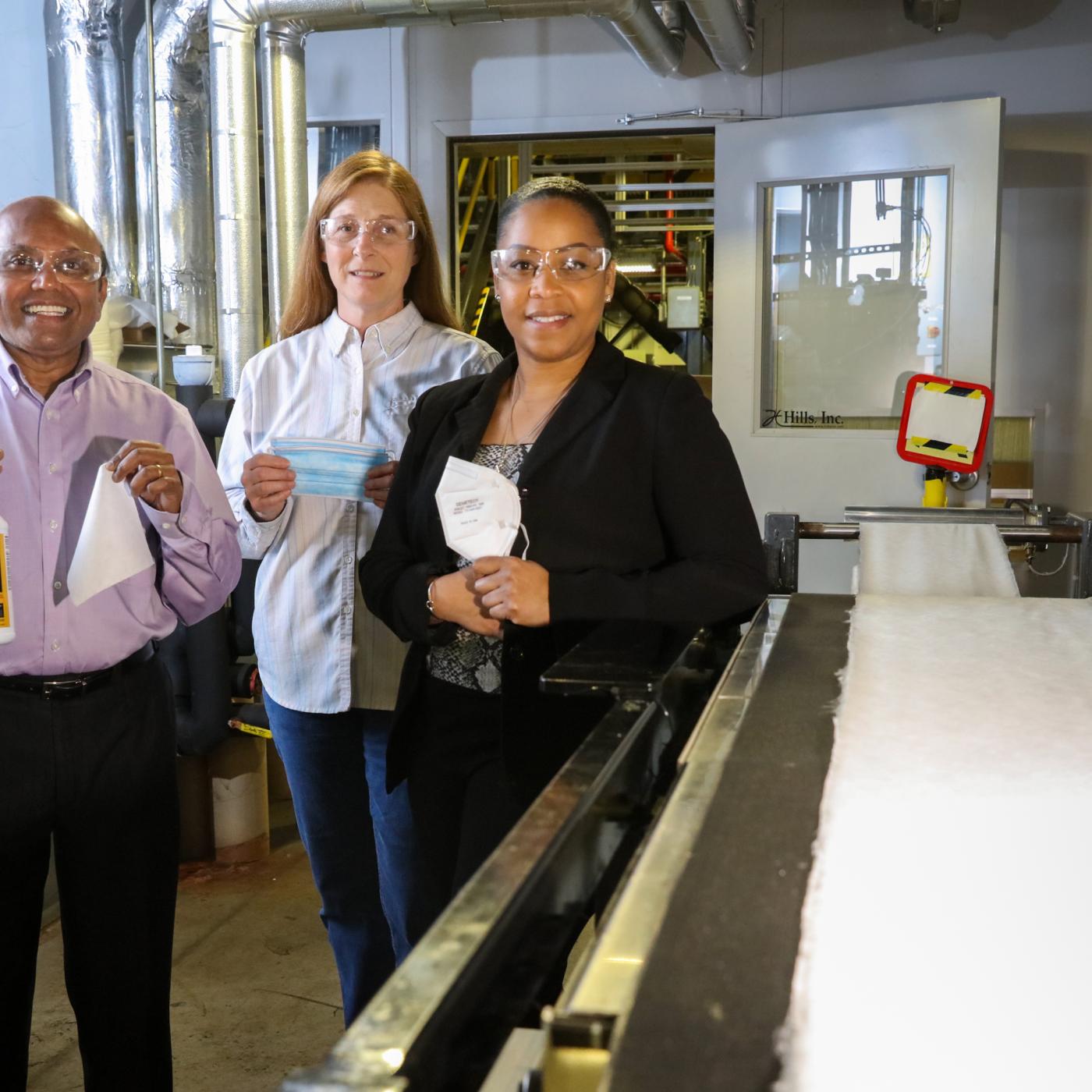 Scientists, from left, Parans Paranthaman, Tina Summers and Merlin Theodore at the DOE’s Carbon Fiber Technology Facility at ORNL are partnering with industry and university to develop antiviral materials for N95 masks. Credit: Genevieve Martin/ORNL, U.S. Dept. of Energy