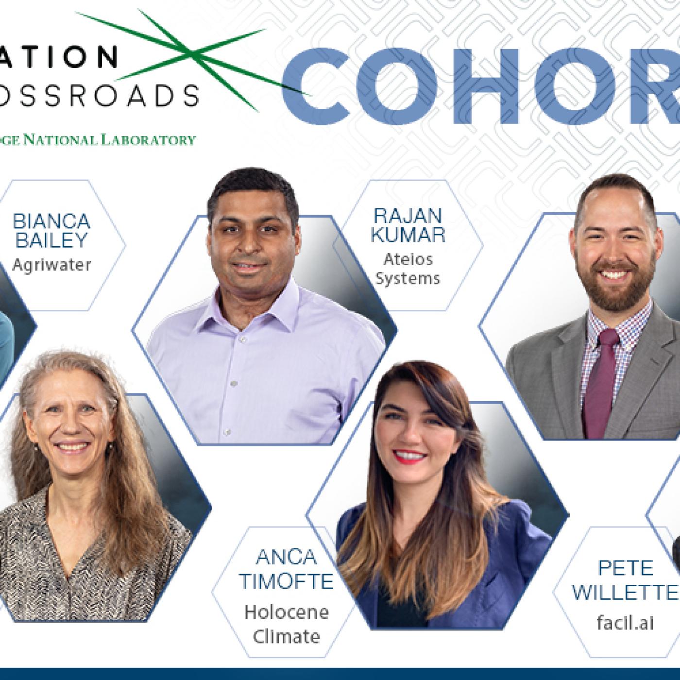 Innovation Crossroads Cohort Six includes: Bianca Bailey, Agriwater; Rajan Kumar, Ateois Systems; Alex Stiles, Vitriform3D; Kim Tutin, Captis Aire; Anca Timofte, Holocene Climate; and Pete Willette, facil.ai. Credit: ORNL, U.S. Dept. of Energy