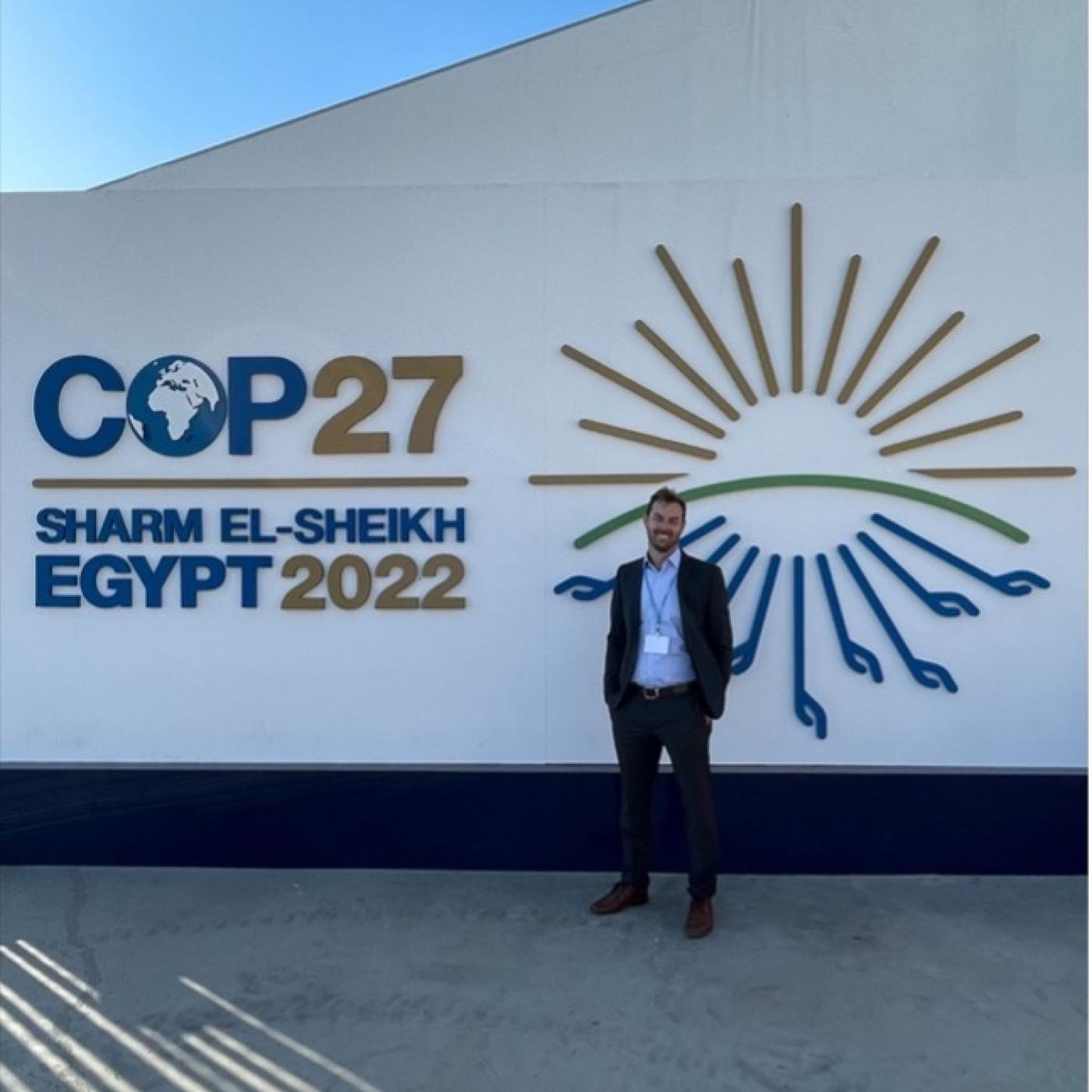 ORNL’s David McCollum, pictured at the entrance to COP27 in Sharm El-Sheikh Egypt, was one of more than 35,000 attendees at the annual United Nations Framework Convention on Climate Change. Credit: David McCollum
