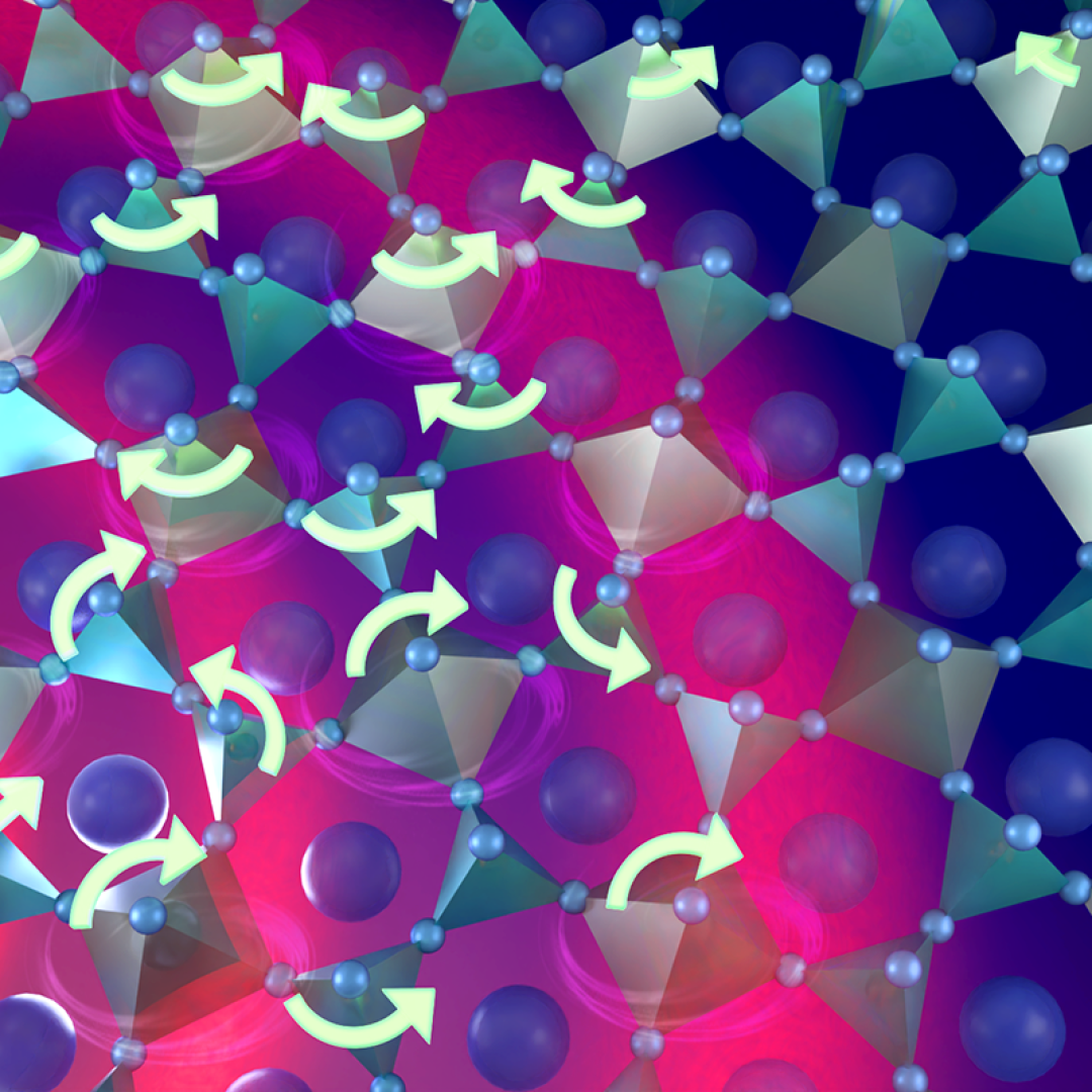 Heat is typically carried through a material by vibrations known as phonons. In some crystals, however, different atomic motions — known as phasons — carry heat three times faster and farther. This illustration shows phasons made by rearranging atoms, shown by arrows. Credit: Jill Hemman/ORNL, U.S. Dept. of Energy