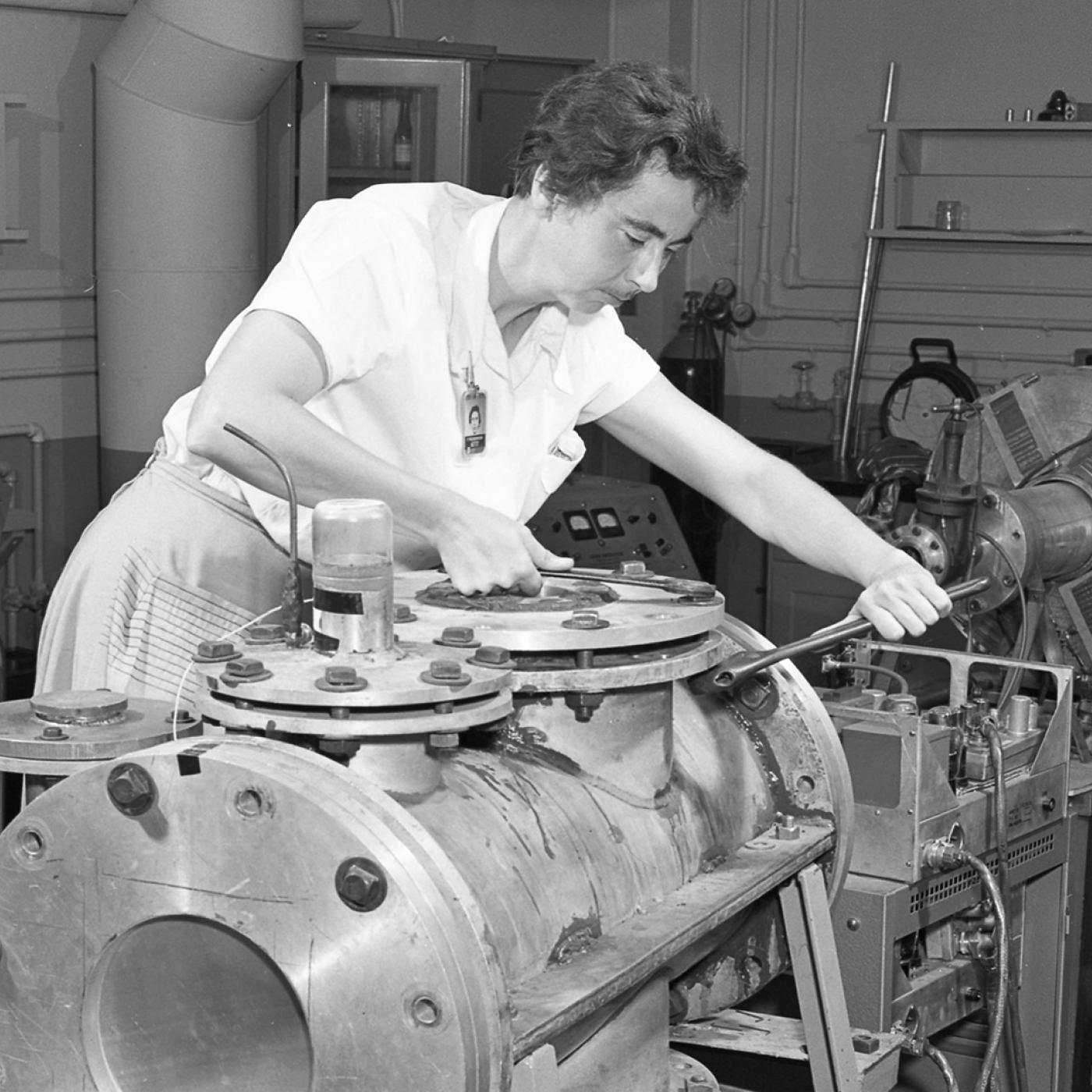 Frances Pleasonton seals a vacuum chamber in 1951.