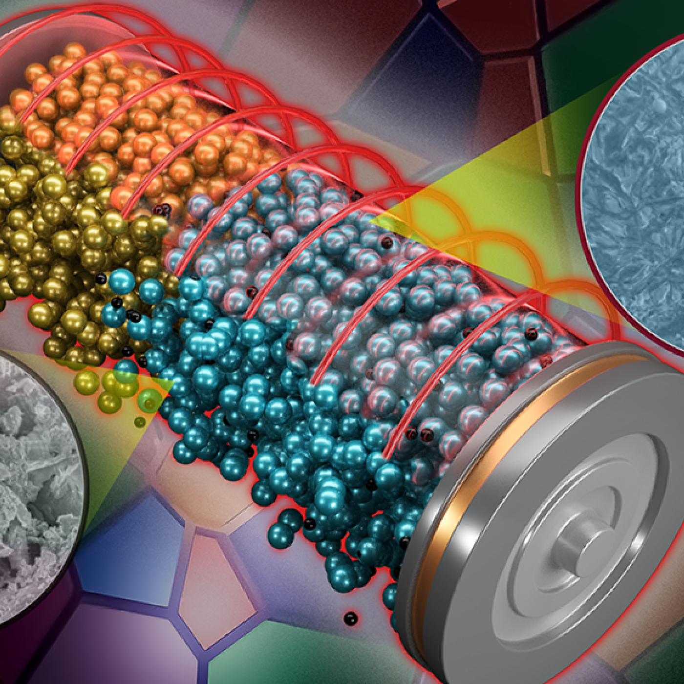 ORNL researchers have developed a new pressing method, shown as blue circle on right, that produces a more uniform solid electrolyte than the traditionally processed material with more voids, shown as gray circle on left. The material can be integrated into a battery system, center, for improved stability and rate performance. Credit: Andy Sproles/ORNL, U.S. Dept. of Energy