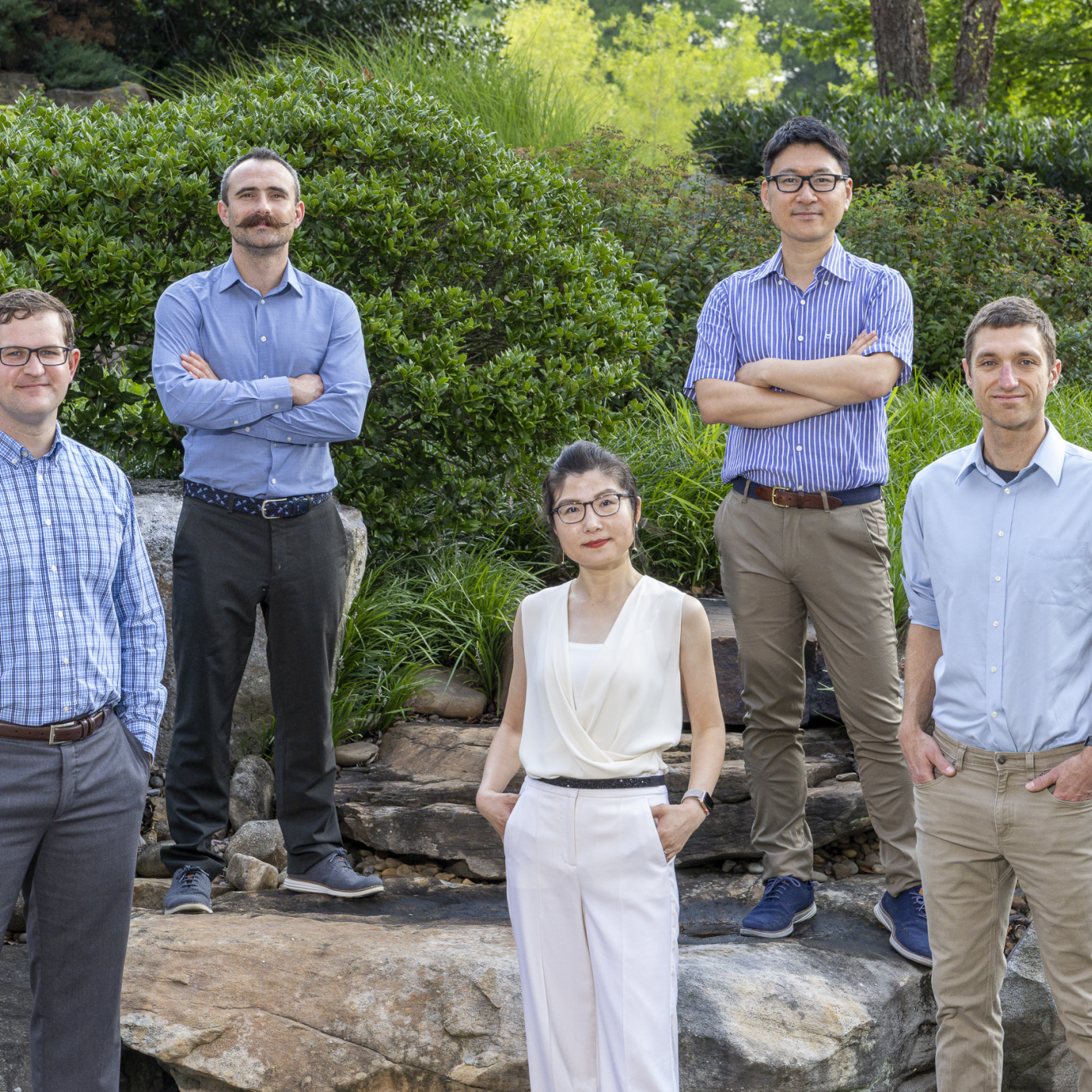 ORNL’s Jack Cahill, Eugene Dumitrescu, Dan Lu, Takaaki Koyanagi and Matthew Brahlek have been selected to receive Department of Energy Early Career Research awards. Credit: Carlos Jones/ORNL, U.S. Dept. of Energy.