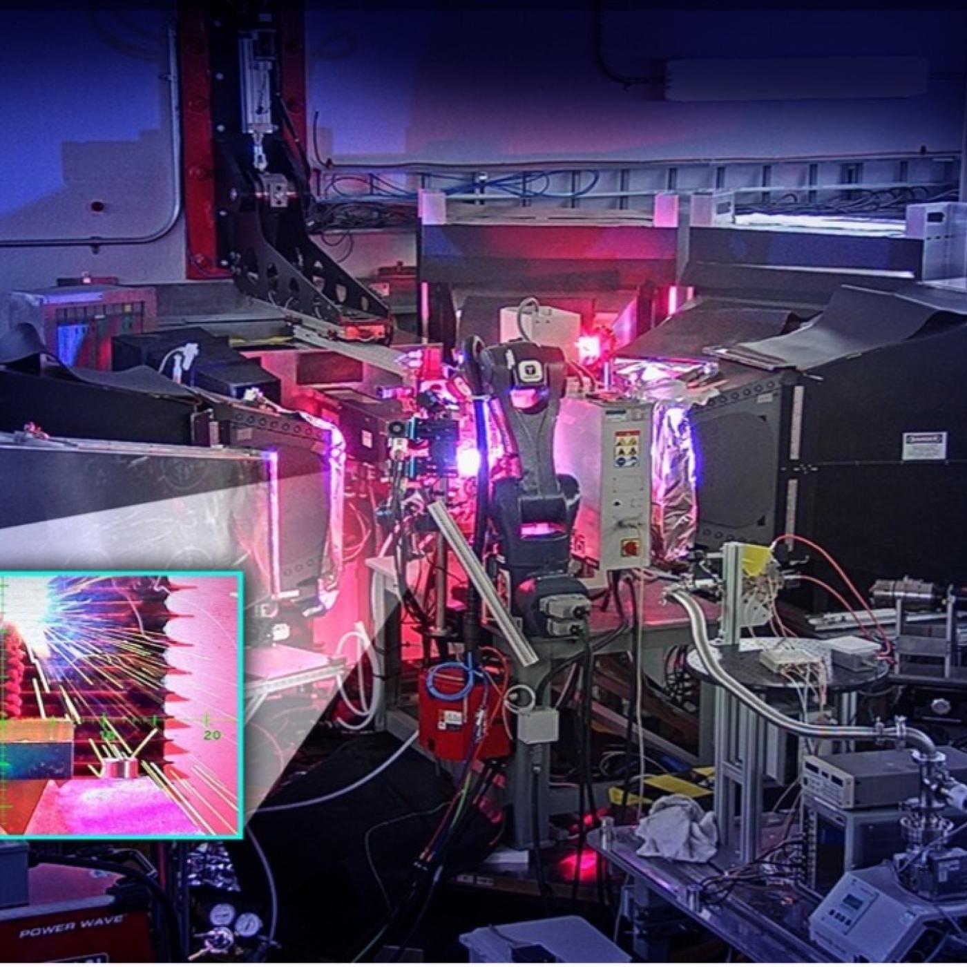 The OpeN-AM experimental platform, installed at the VULCAN instrument, features a robotic arm that prints layers of molten metal to create complex shapes. Credit: Jill Hemman/ORNL, U.S Dept. of Energy 