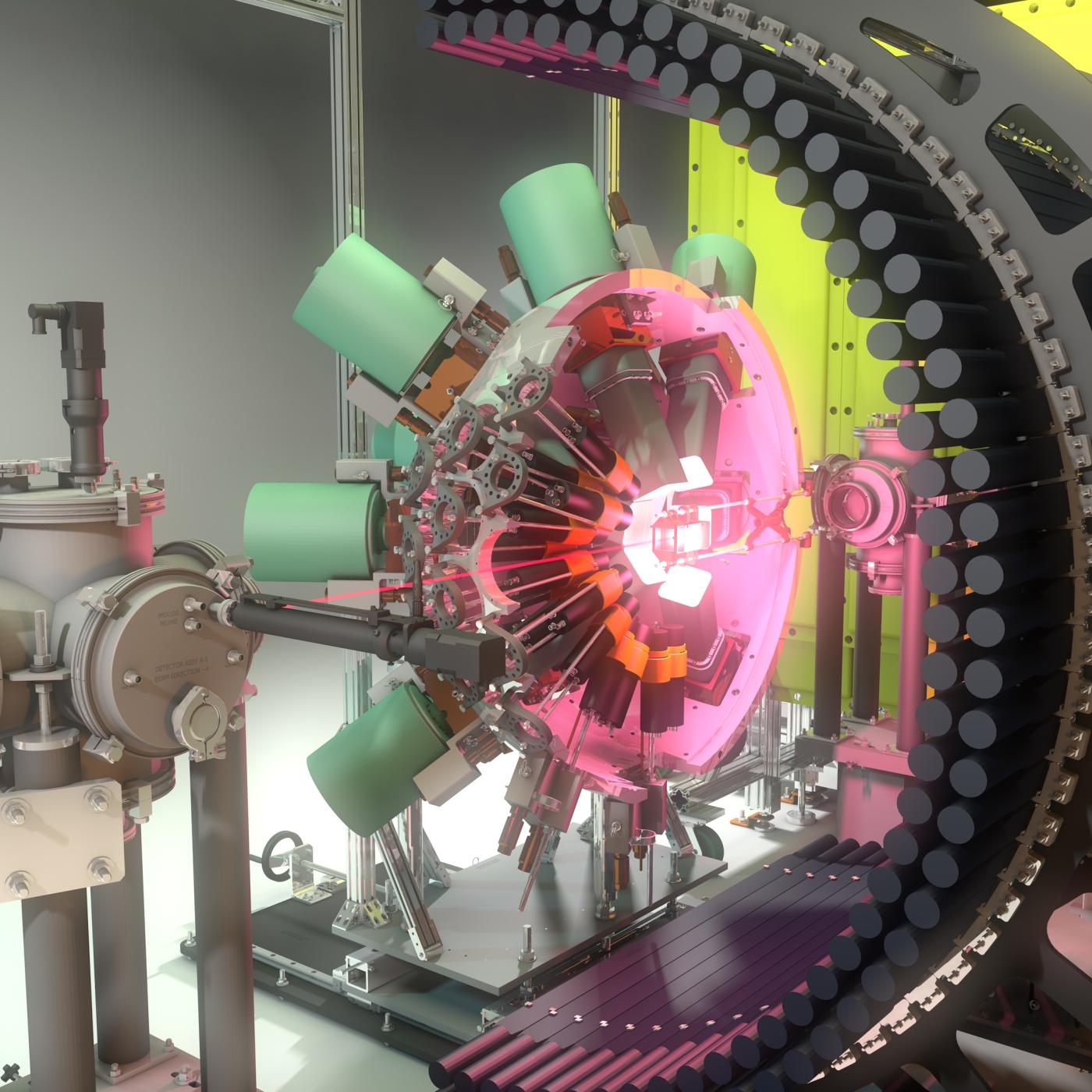 A beam of excited sodium-32 nuclei implants in the FRIB Decay Station initiator is used to detect decay signatures of isotopes. Credit: Gary Hollenhead, Toby King and Adam Malin/ORNL, U.S. Dept. of Energy