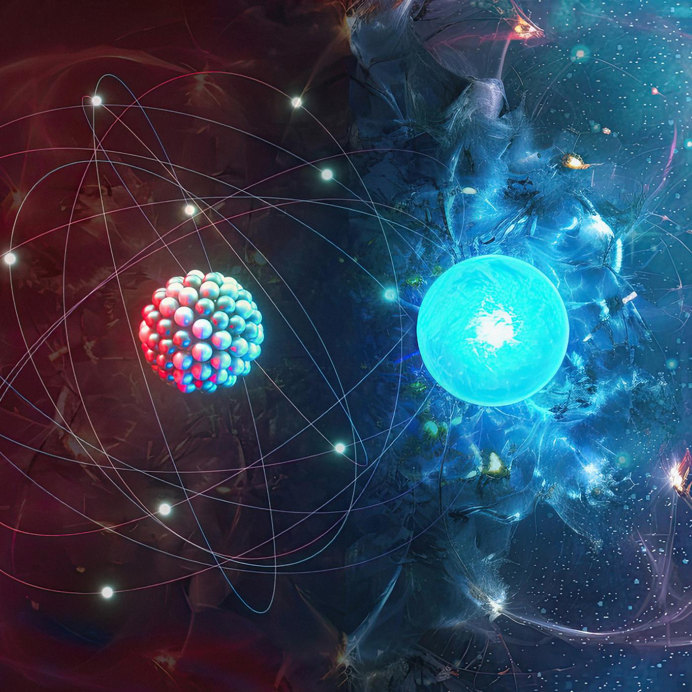 Conceptual art depicts an atomic nucleus and merging neutron stars, respectively, areas of study in ORNL-led projects called NUCLEI and ENAF within the Scientific Discovery through Advanced Computing, or SciDAC, program. Credit: Adam Malin/ORNL, U.S. Dept. of Energy