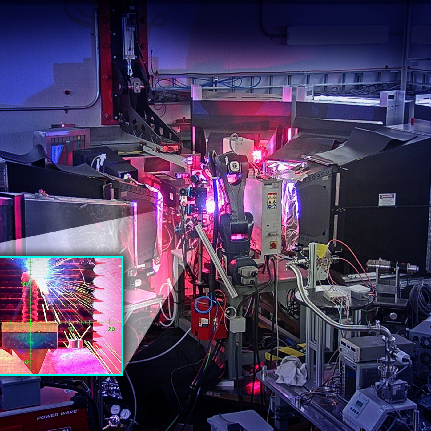 The OpeN-AM experimental platform, installed at the VULCAN instrument at ORNL’s Spallation Neutron Source, features a robotic arm that prints layers of molten metal to create complex shapes. This allows scientists to study 3D printed welds microscopically. Credit: Jill Hemman, ORNL/U.S. Dept. of Energy