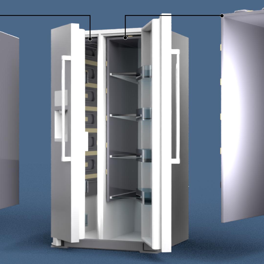 Blue background with three rectangles. The first and third silver rectangles are showing the inside metal part of a fridge with small alternating horizontal rectangles going down the side in darker grey/silver. 