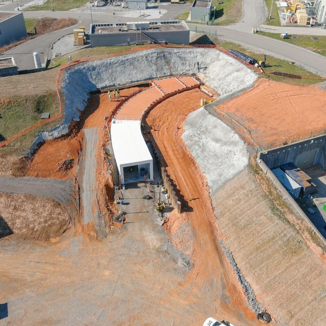 A newly completed tunnel section will provide the turning and connecting point for the Spallation Neutron Source particle accelerator and the planned Second Target Station. Credit: ORNL, U.S. Dept. of Energy
