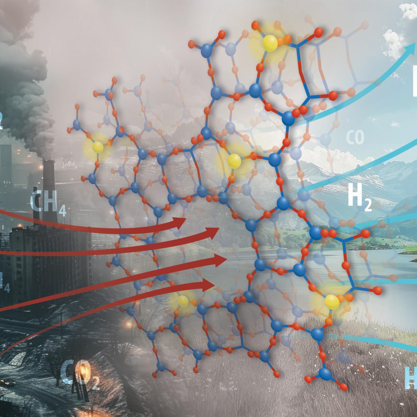 Pictured is the process of converting greenhouse gases to syngas, shown with a city scape with CO2 and CH4 turning to a mountain landscape with CO and H2