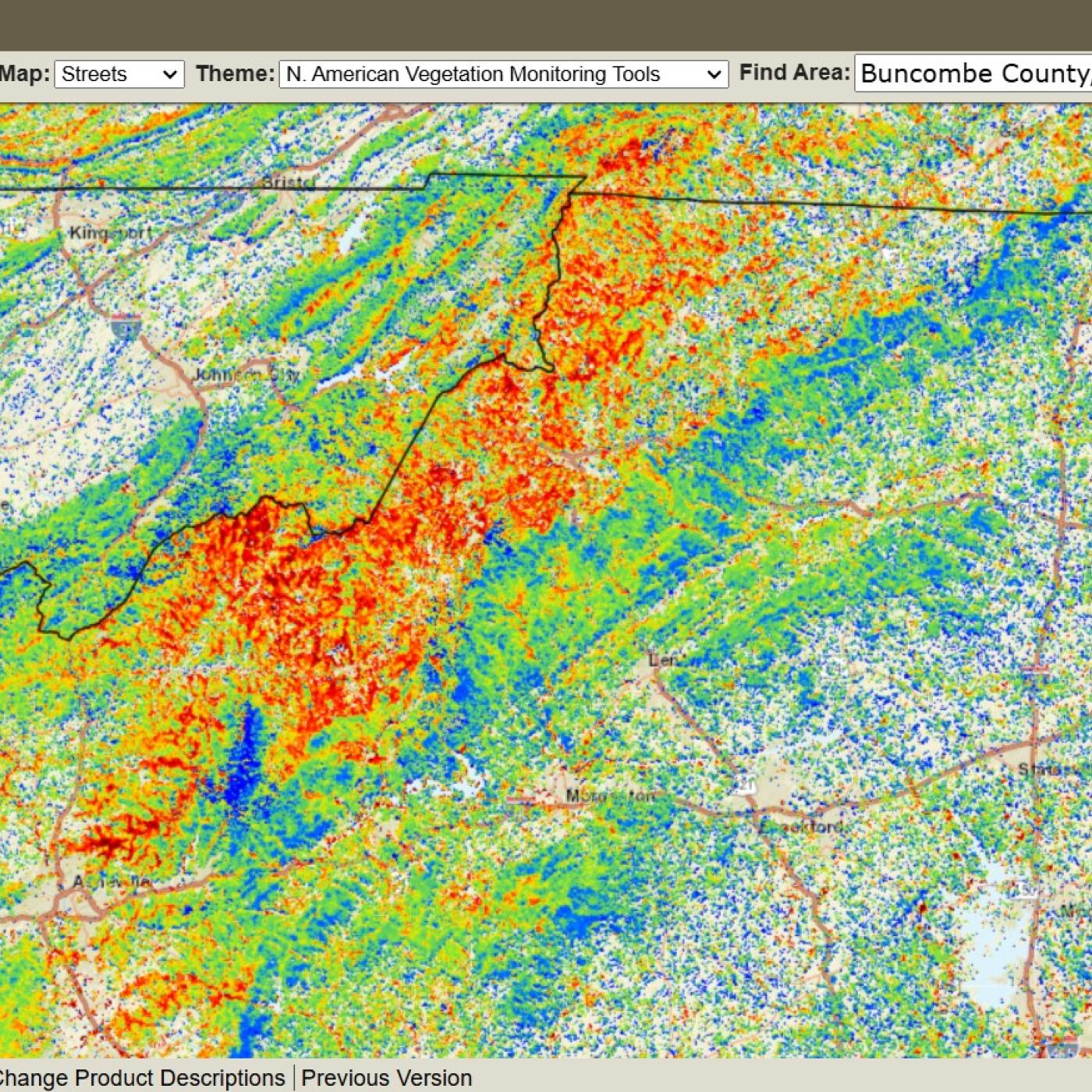Pictured is the ForWarn vegetation tracking tool that shows where areas of red where disturbance to forest canopy occured