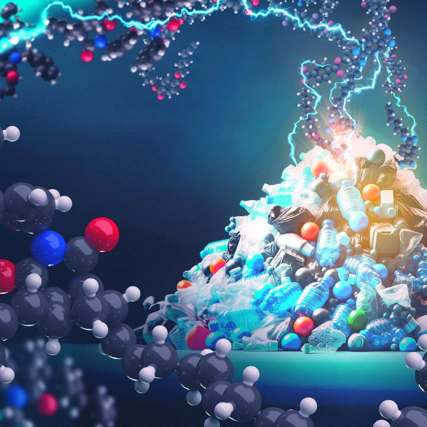 the foreground shows new macromolecules that could be made using a process invented by Oak Ridge National Laboratory chemists to upcycle the polymers from discarded plastics.