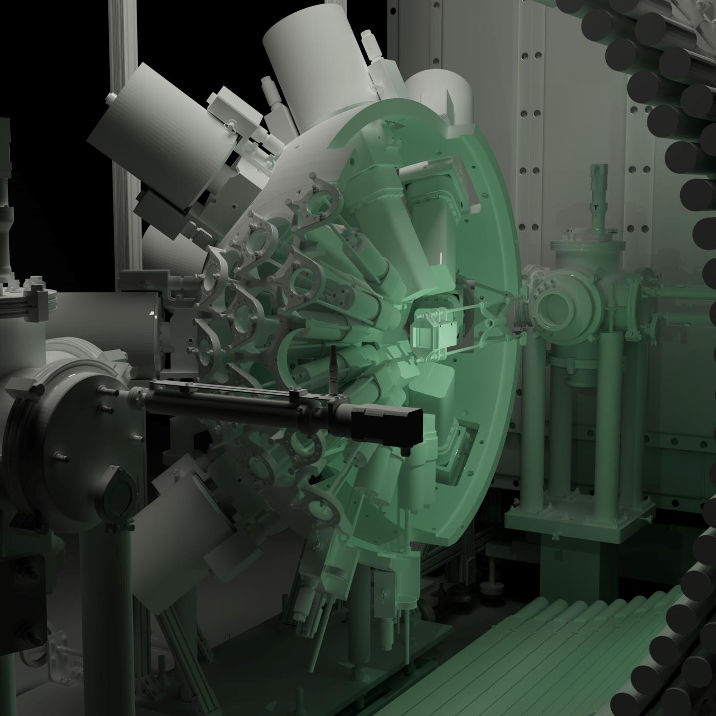 Computer rendering of the FRIB Decay Station initiator, featuring cylindrical components, vacuum chambers, and a greenish glow, used to measure the decays of exotic isotopes at FRIB.
