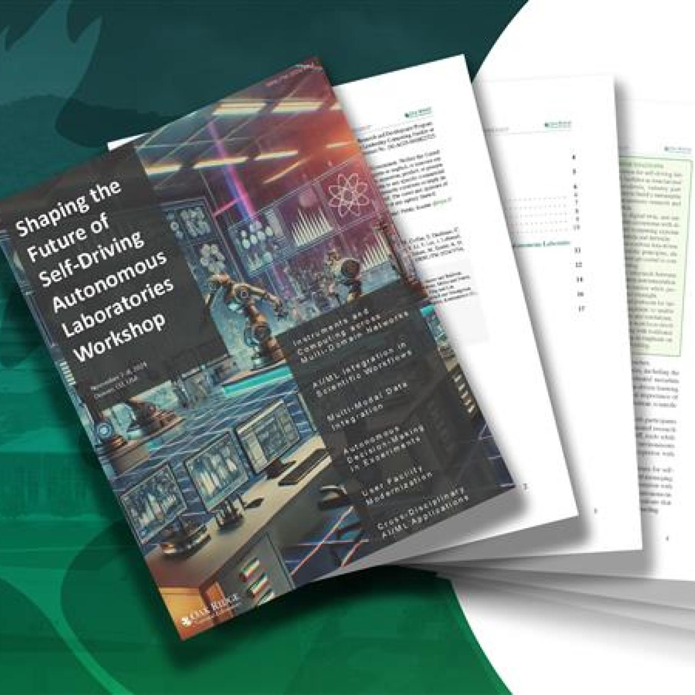 Six images fanned out across the right side of the page with the first page showcasing the report cover. To the right hand side is a green oak leaf. 
