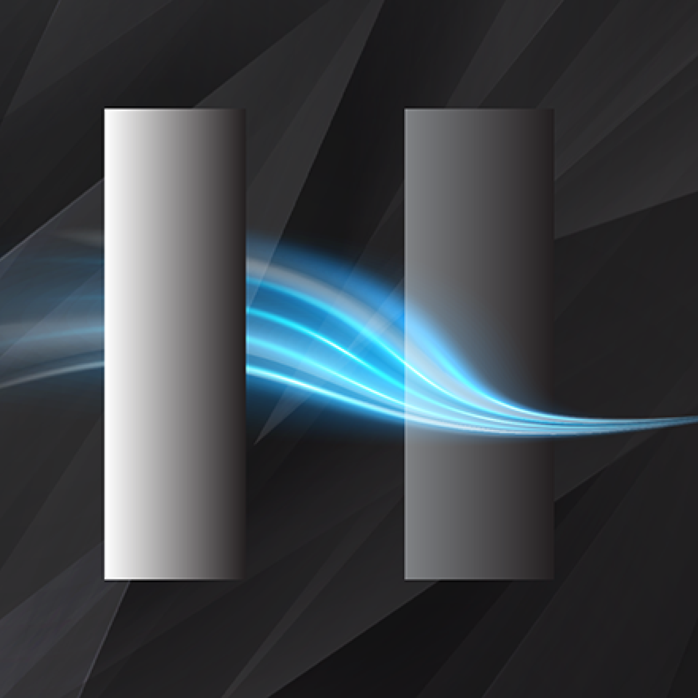 Two gray rectangular pillars are stood up vertically with a blue whisp running through the middle of them