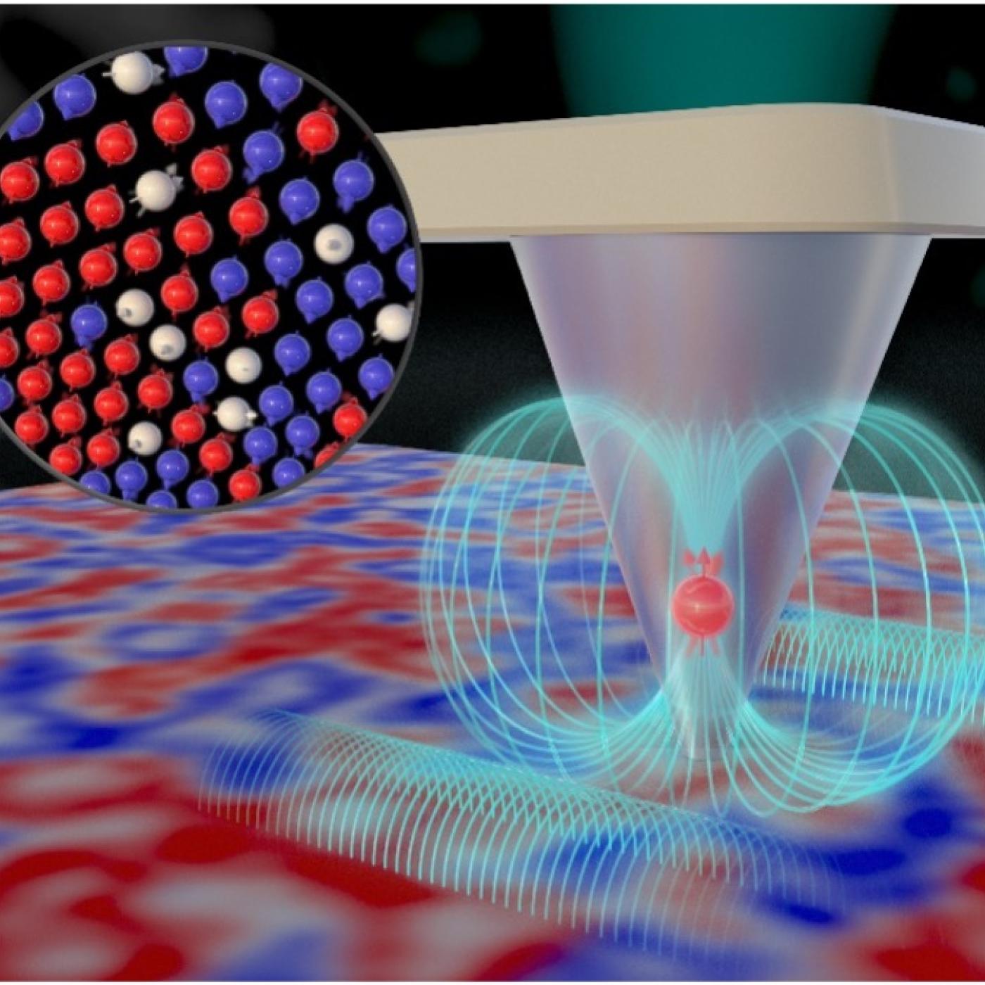Illustration of a quantum experiment: atoms in a lattice (inset) with entanglement effects radiating from a central particle on a textured surface.