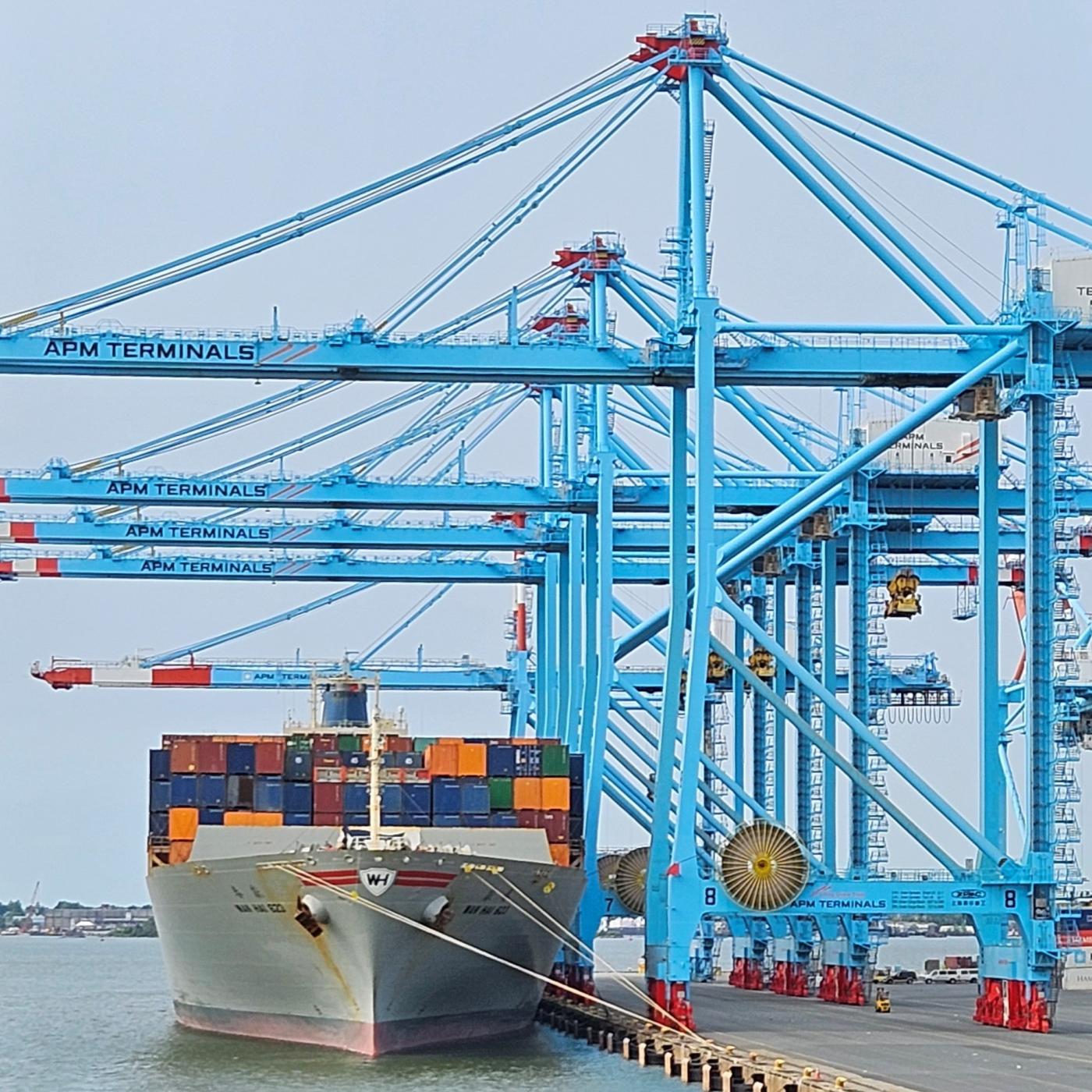 A cargo ship to the left of the seaport with bright blue metal surrounding it