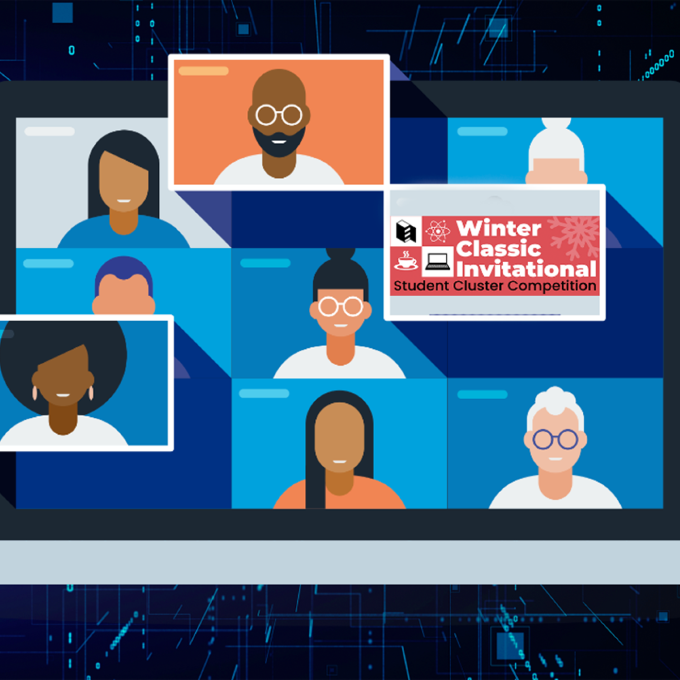 Illustration of a virtual meeting on a laptop screen featuring diverse cartoon avatars of people in a grid layout. In the center, a logo reads “Winter Classic Invitational Student Cluster Competition.” The background consists of digital blue circuitry and data flow patterns, suggesting a technology or computing theme.