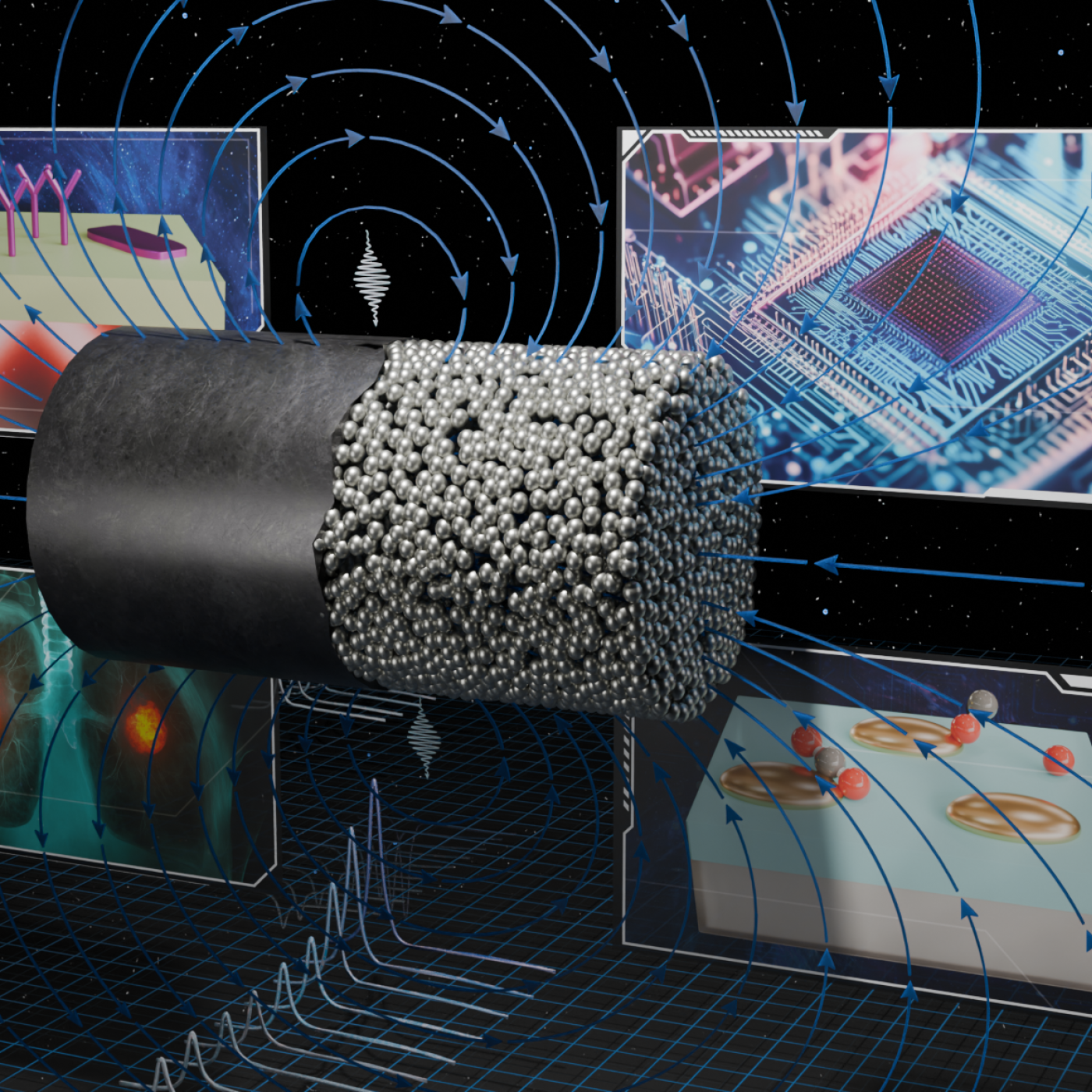 Illustration of a real-time simulation showing a metallic nanoparticle’s optical response to light using RT-TDDFT. The image depicts electron oscillations and surrounding electromagnetic fields. Four inset panels represent applications: plasmon-enhanced biosensing, quantum computing, photochemical catalysis, and cancer detection through photothermal therapy.