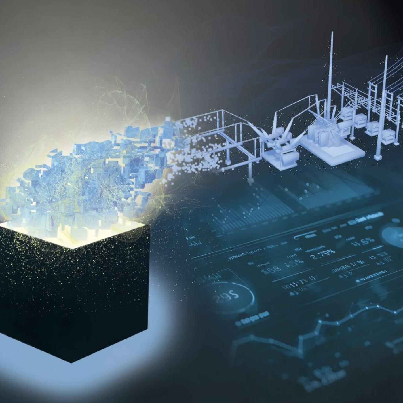 Illustration of a glowing black box emitting digital particles that form into a 3D model of an electrical grid infrastructure, set against a background of binary code and data visualizations.