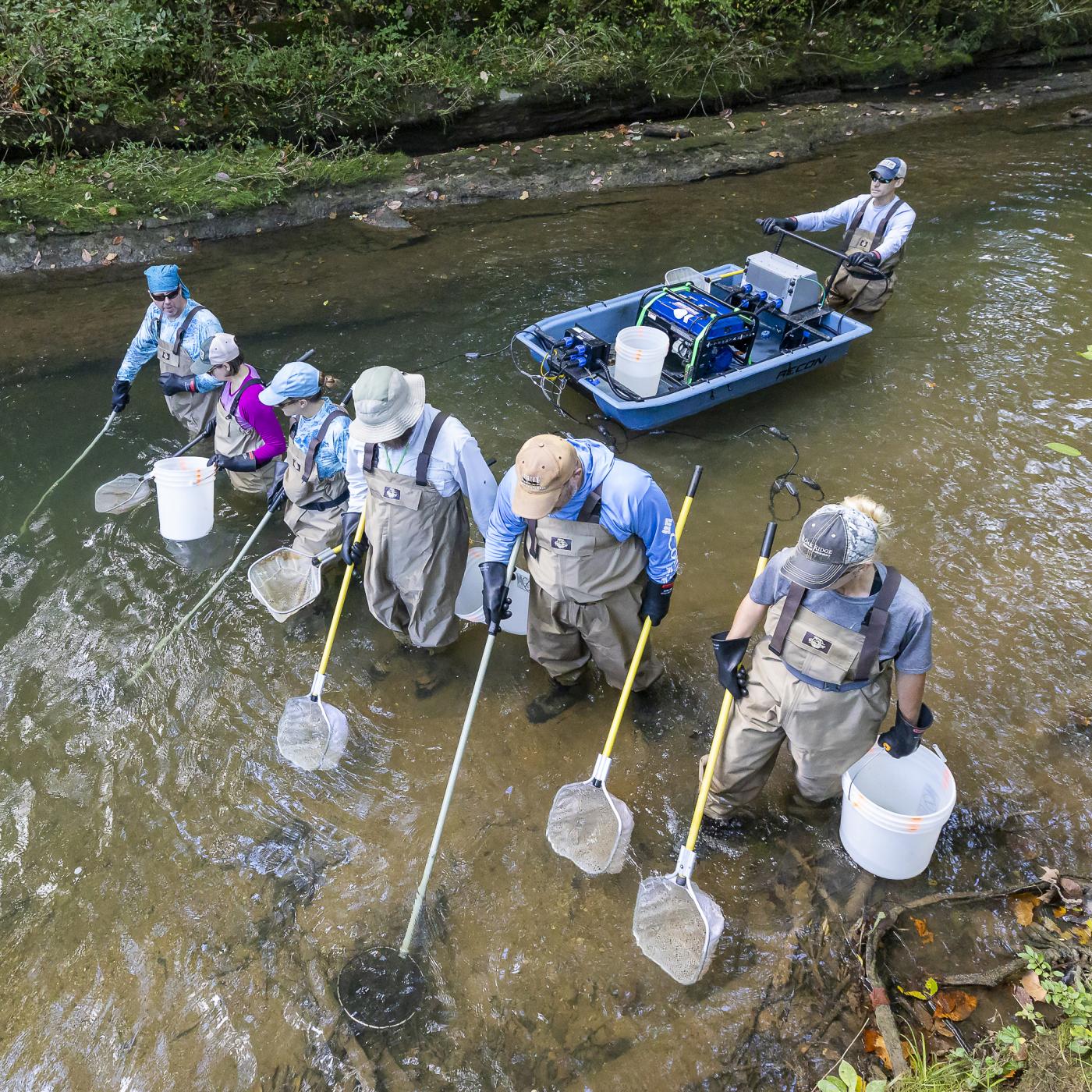 Five scientists and one in a boat are conducting fish sampling for the biological monitoring program on the DOE Oak Ridge Reservation. 