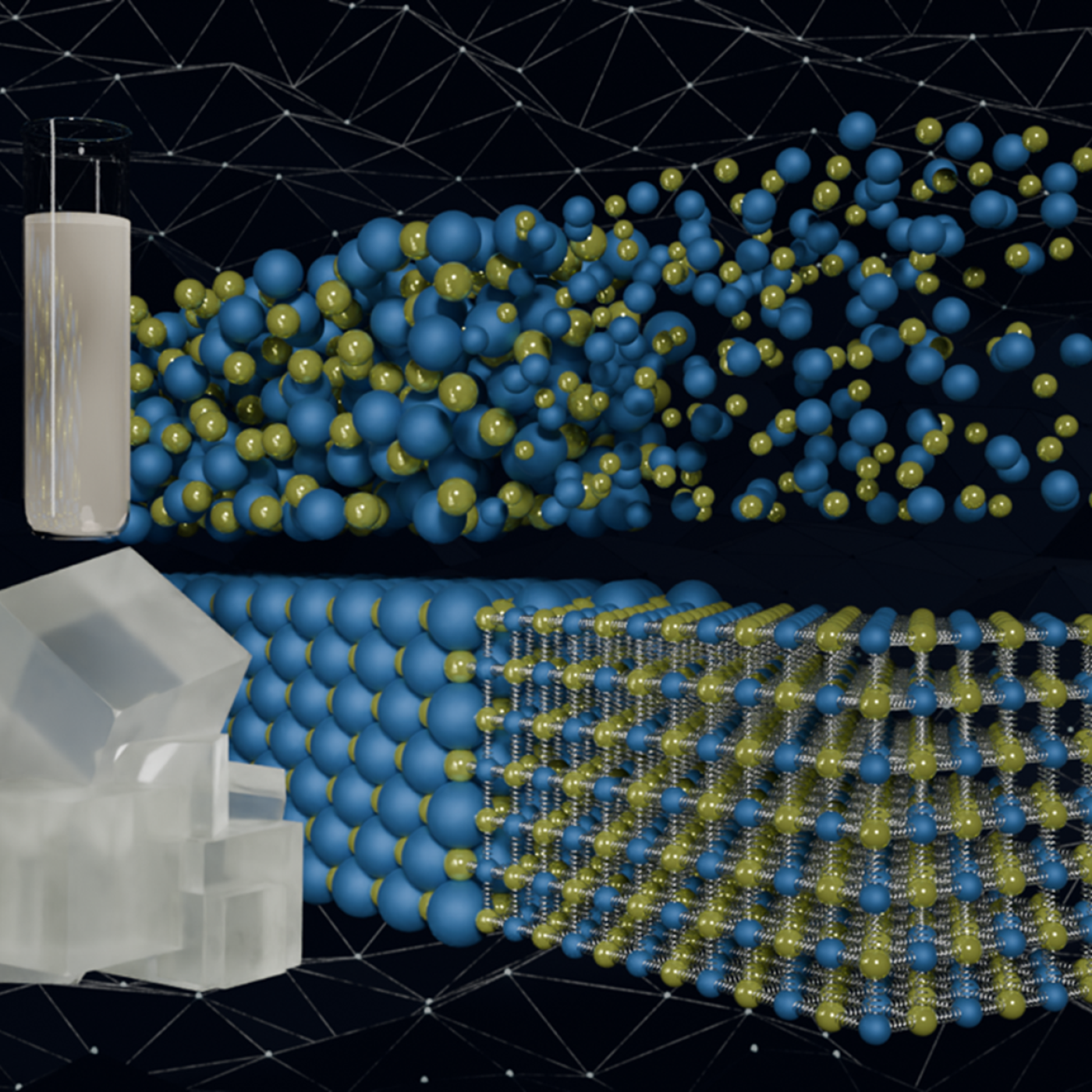 Illustration of melting point of lithium chloride, which is shown with green and blue structures in two rows.