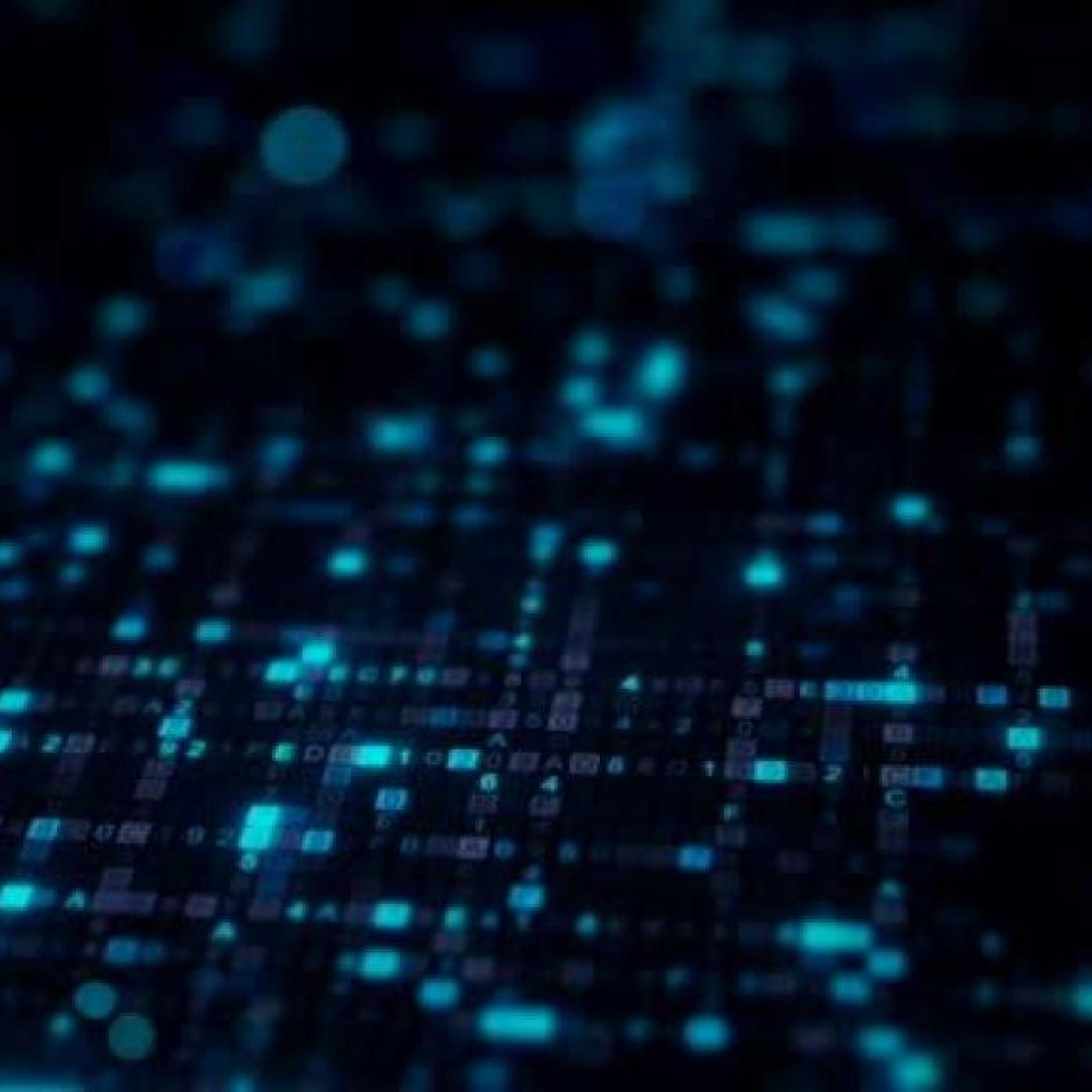 Stock image of pixels that represent AI in blue lines 