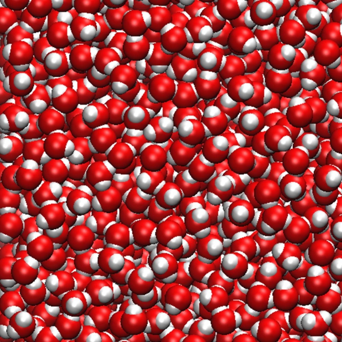 Molecular simulation of water showing densely packed H₂O molecules, with red spheres representing oxygen atoms and white spheres representing hydrogen atoms.