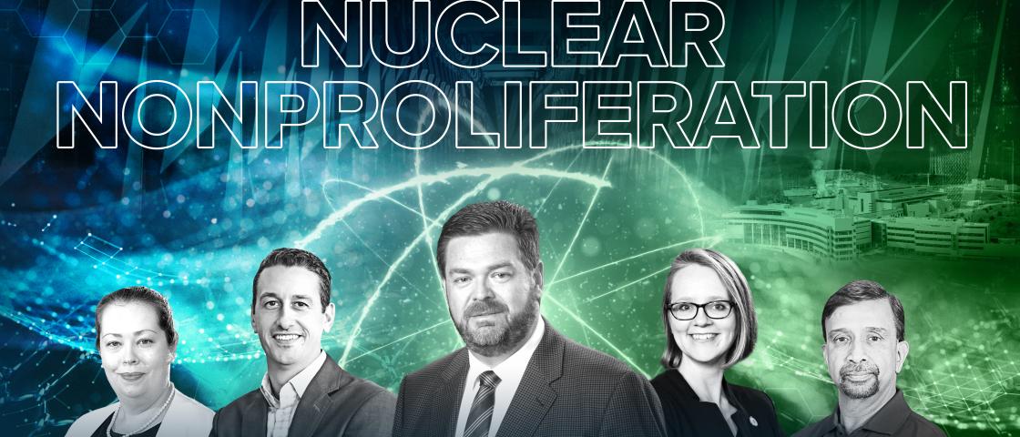 Collage of five nonproliferation staff members and nuclear graphics