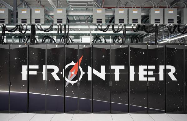 Frontier supercomputer is pictured here with the logo on the cabinets