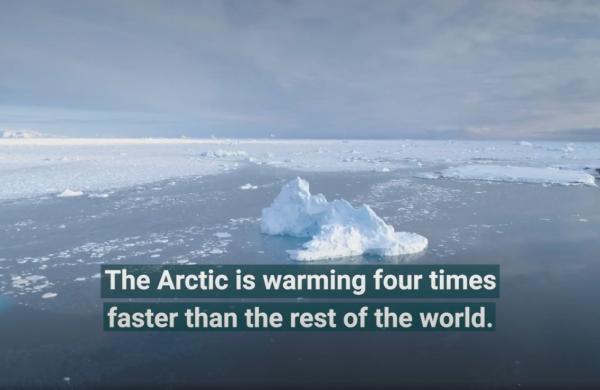 View of sea ice with text that reads "The Arctic is warming four times faster than the rest of the world."