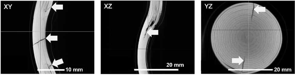 X-Ray CT showing failure inside layered structure of EV battery cell after deformation.