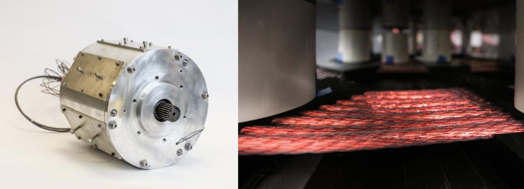 ORNL developed a prototype EV motor that uses ferrite permanent magnets rather than the imported, rare-earth magnets common in motors today (left) and (right) was the first lab to demonstrate a 20-kilowatt wireless charging system for electric vehicles (EVs), which has since been scaled up to 120 kilowatts—approaching the convenience of a gas station fill-up.