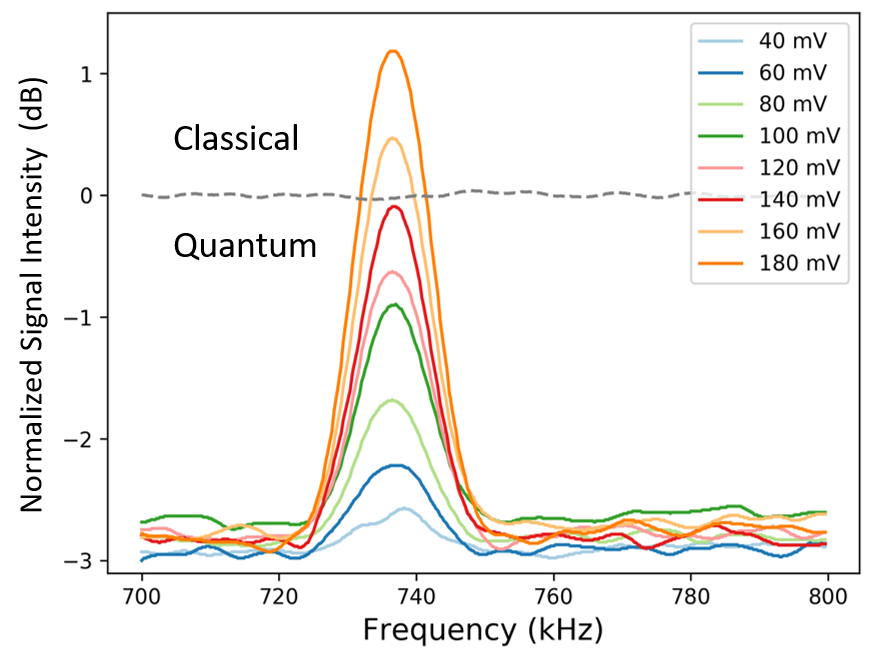 Measured microcantilever displacement signals for varying piezoelectric driving voltages, normalized against the standard quantum limit (shown as a dashed line).