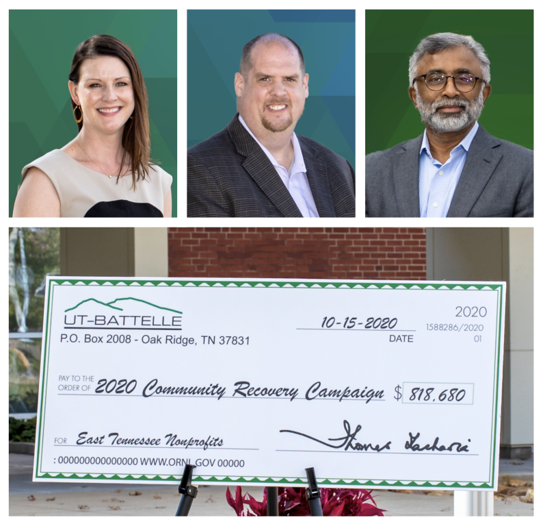 Led by campaign co-chairs Katie Waldrop, left, and Jeremy Busby, middle, with support from UT-Battelle leadership including Director Thomas Zacharia, ORNL’s Community Recovery Campaign raised $818,500 in support of local area nonprofits. Credit: ORNL, U.S. Dept. of Energy