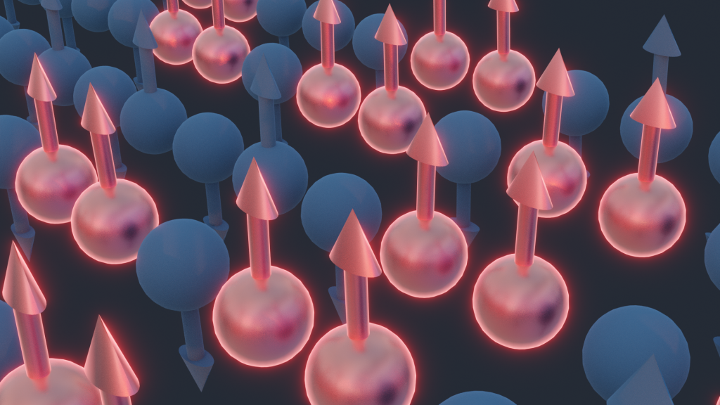 Spin chains in a quantum system undergo a collective twisting motion as the result of quasiparticles clustering together. Demonstrating this KPZ dynamics concept are pairs of neighboring spins, shown in red, pointing upward in contrast to their peers, in blue, which alternate directions. Credit: Michelle Lehman/ORNL, U.S. Dept. of Energy