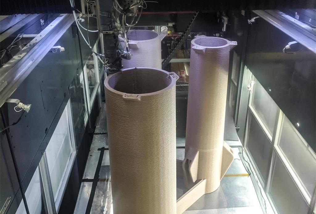 ORNL researchers demonstrated a 3D printed power pole made of bioderived and recycled materials could be easily manufactured, transported and assembled, enabling the quick restoration of power after natural disasters. Credit: ORNL, U.S. Dept. of Energy