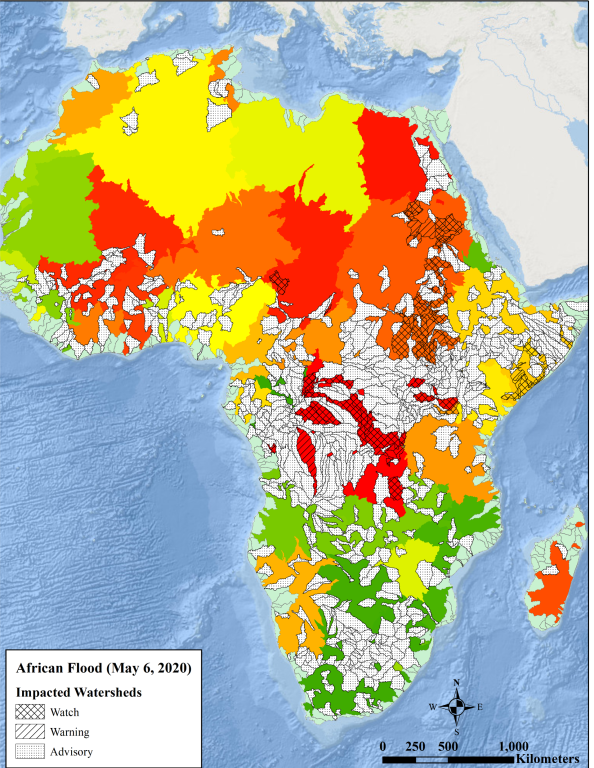 Output from the Model of Models (an ensemble model) trained on near real-time hydrological model and earth observation output revealed which regions in Africa were most likely to face severe flooding in 2020. Credit: NASA and Pacific Disaster Center