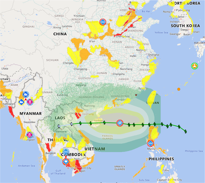  The Global Flood Modeling and Alerting project provides insights into the areas of Asia that may need to prepare for disruptive floods in 2021, with risk levels ranging from an advisory (yellow) to a watch (orange) to a warning (red). Credit: NASA and Pacific Disaster Center