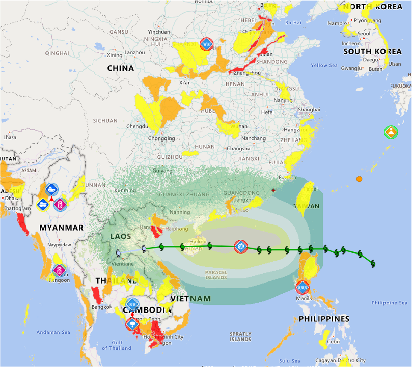 The Global Flood Modeling and Alerting project provides insights into the areas of Asia that may need to prepare for disruptive floods in 2021, with risk levels ranging from an advisory (yellow) to a watch (orange) to a warning (red). Credit: NASA and Pacific Disaster Center