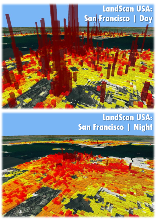 Through LandScan, ORNL researchers are using nighttime residential population distribution as a baseline to determine how many people are located at workplaces, schools, public spaces and at home during daytime hours. Credit: Eric Weber/ORNL, U.S. Dept. of Energy