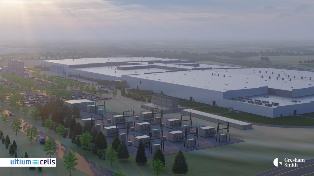 An artist's rendering of the Ultium Cells battery cell production facility to be built in Spring Hill, Tennessee, which will employ 1,300 people. Recognizing the unique expertise of their organizations, ORNL, TVA, and the Tennessee Department of Economic and Community Development have been working together for several years to bring startups developing battery technologies for EVs and established automotive firms to Tennessee. Credit: Ultium Cells